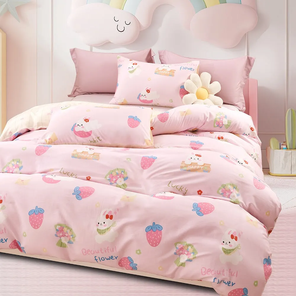 100% Cotton Printed Fitted Sheet Set I Without Quilt Cover (Berry Bunny)