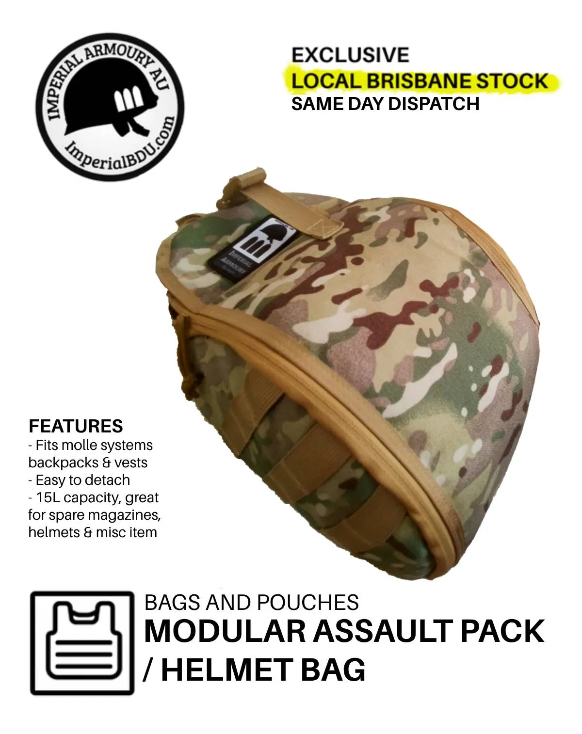 15L Assault Backpack / Helmet Bag attachment - 4x Colours - BRISBANE STOCK