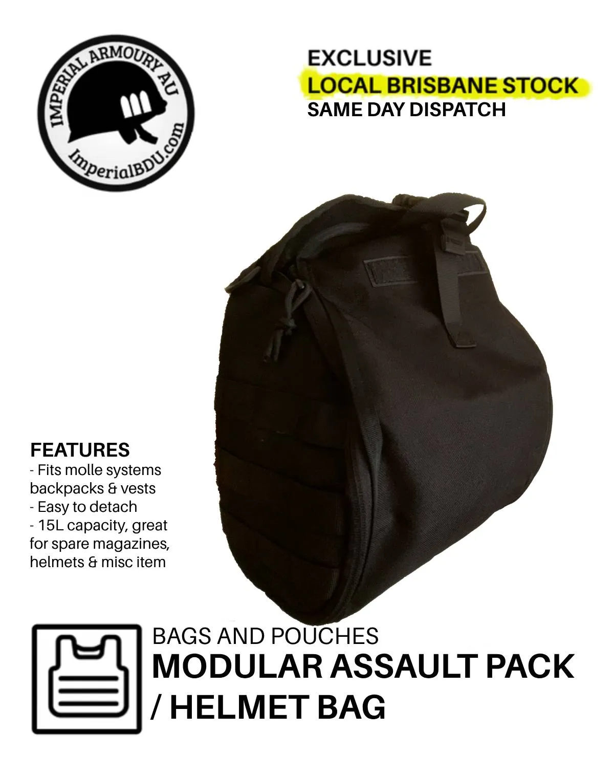 15L Assault Backpack / Helmet Bag attachment - 4x Colours - BRISBANE STOCK