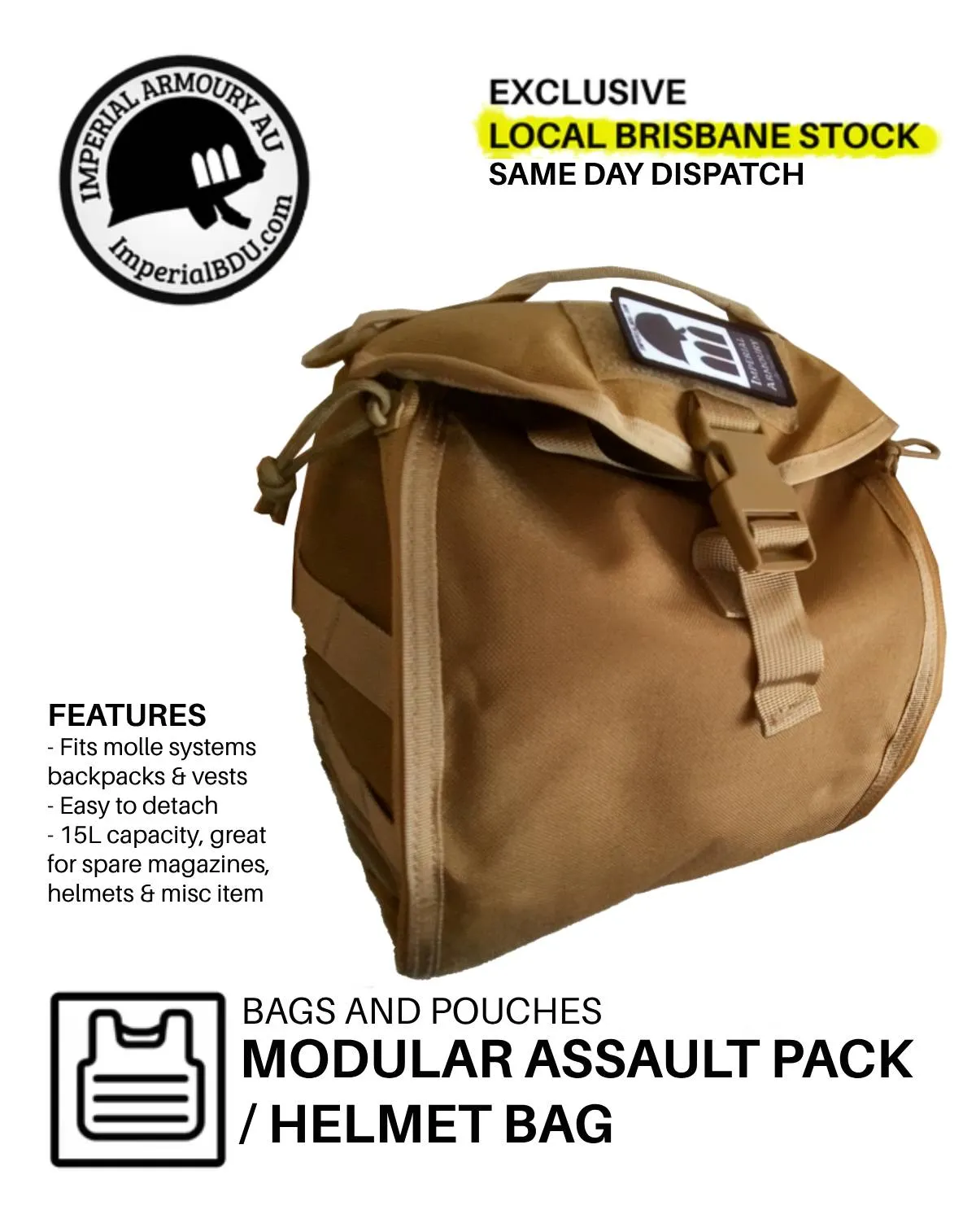 15L Assault Backpack / Helmet Bag attachment - 4x Colours - BRISBANE STOCK