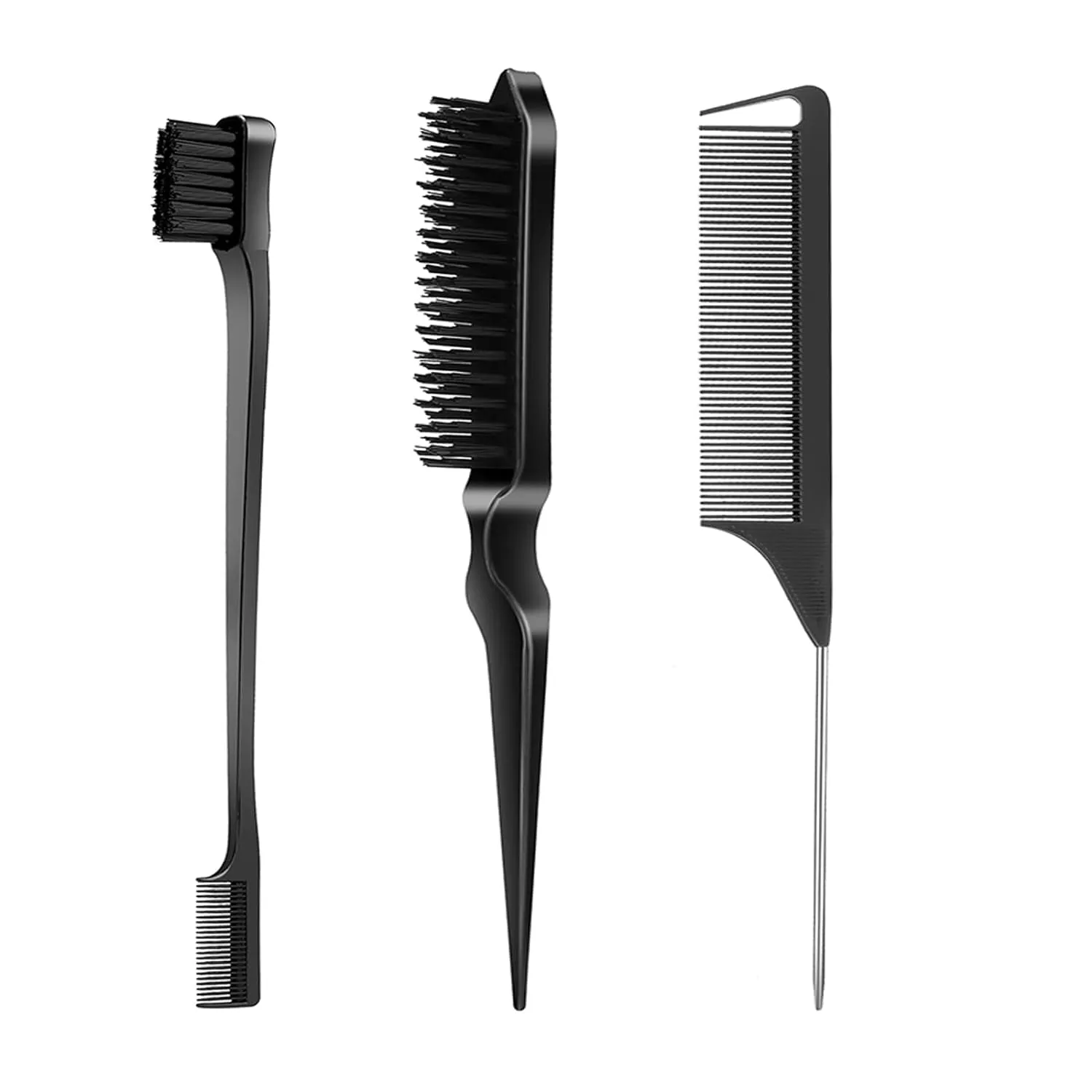 3 Pcs Slick Back Hair Brush with Rat Tail Comb, Edge Brush, Bristle Brush, Teasing Brush Set for Sleek Ponytail/Bun, Edge Control and Smoothing Baby Hair & Flyaways - Pink