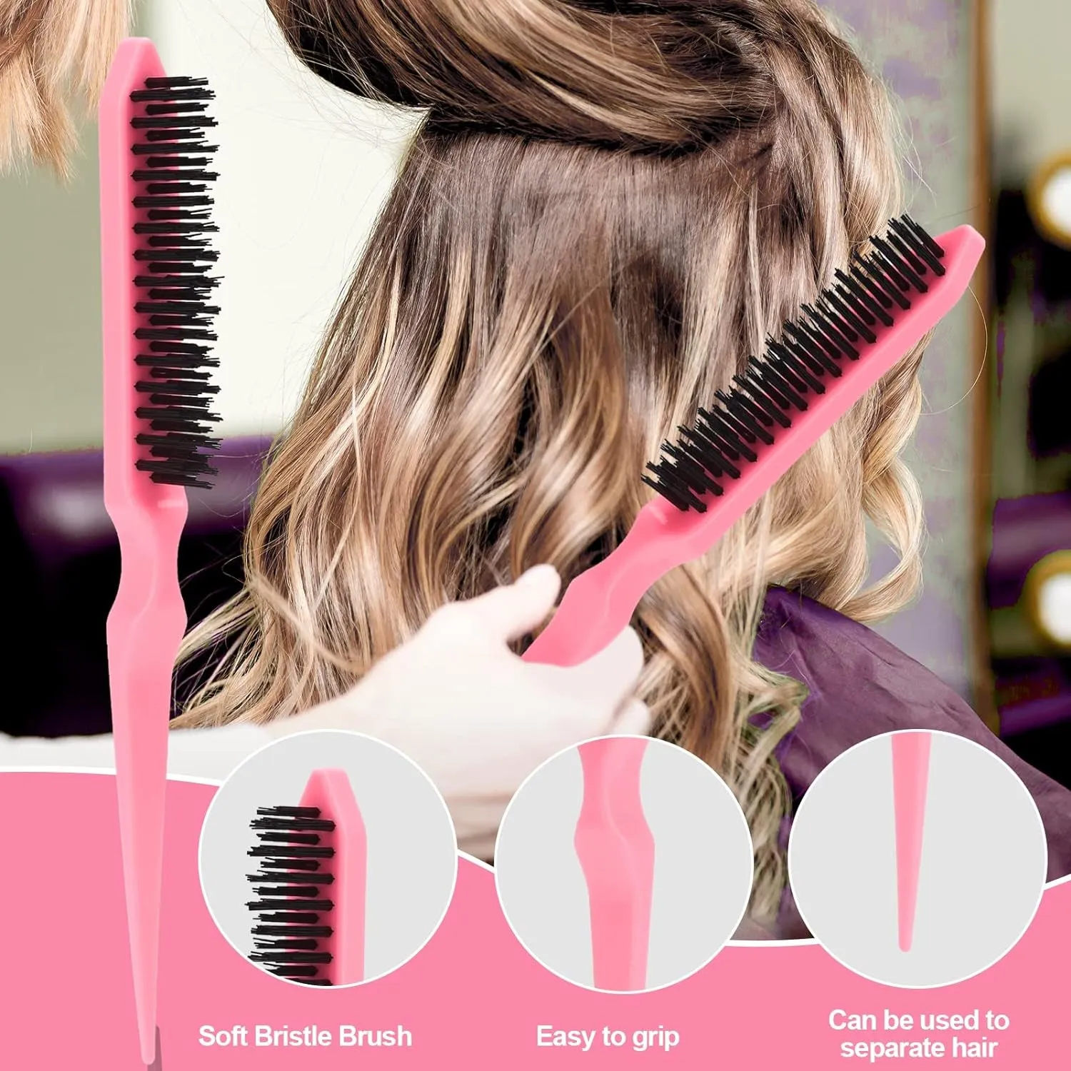 3 Pcs Slick Back Hair Brush with Rat Tail Comb, Edge Brush, Bristle Brush, Teasing Brush Set for Sleek Ponytail/Bun, Edge Control and Smoothing Baby Hair & Flyaways - Pink