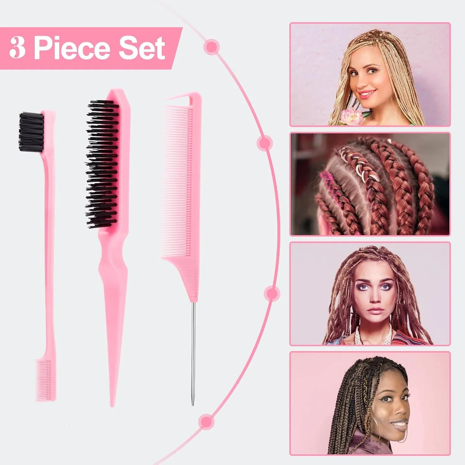 3 Pcs Slick Back Hair Brush with Rat Tail Comb, Edge Brush, Bristle Brush, Teasing Brush Set for Sleek Ponytail/Bun, Edge Control and Smoothing Baby Hair & Flyaways - Pink