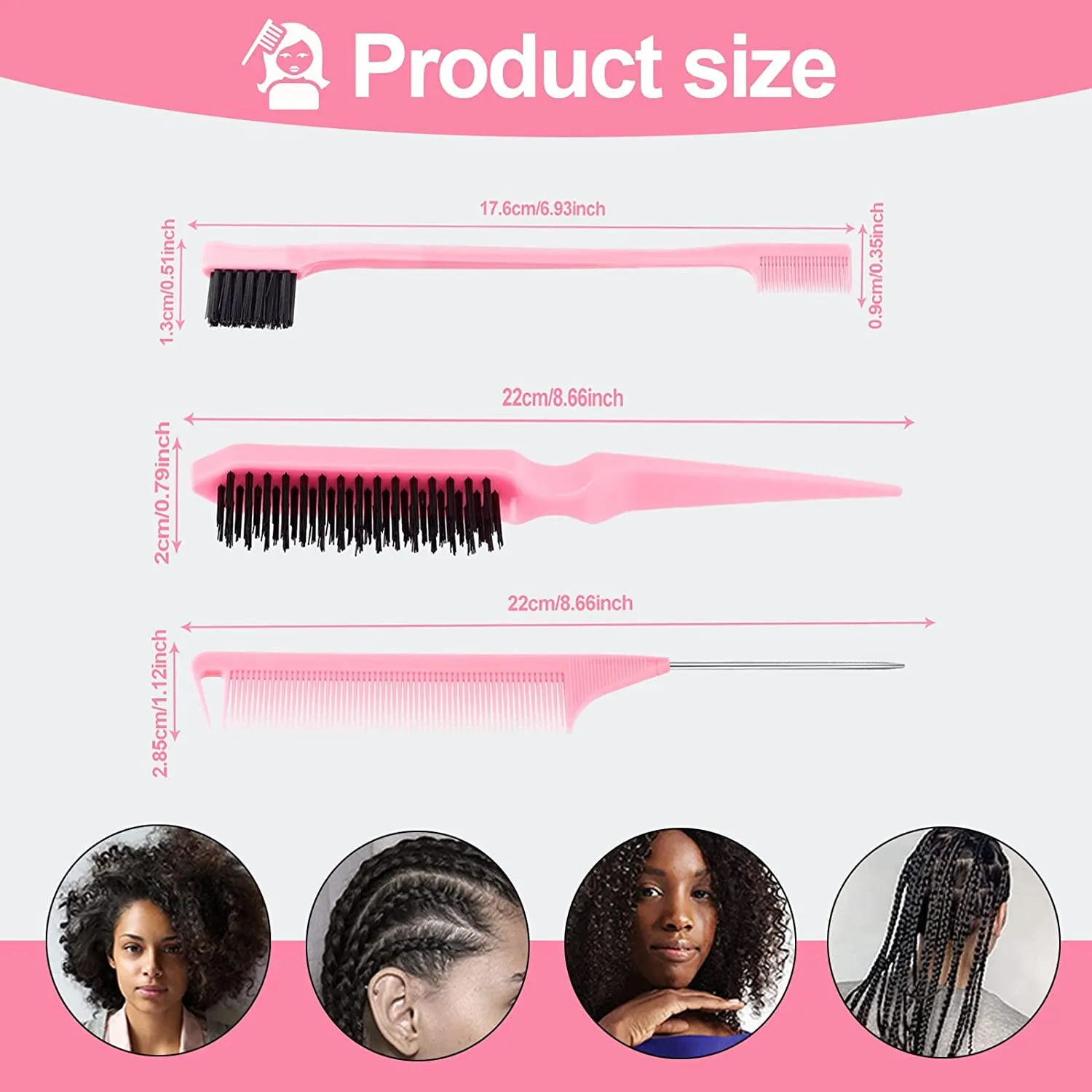 3 Pcs Slick Back Hair Brush with Rat Tail Comb, Edge Brush, Bristle Brush, Teasing Brush Set for Sleek Ponytail/Bun, Edge Control and Smoothing Baby Hair & Flyaways - Pink