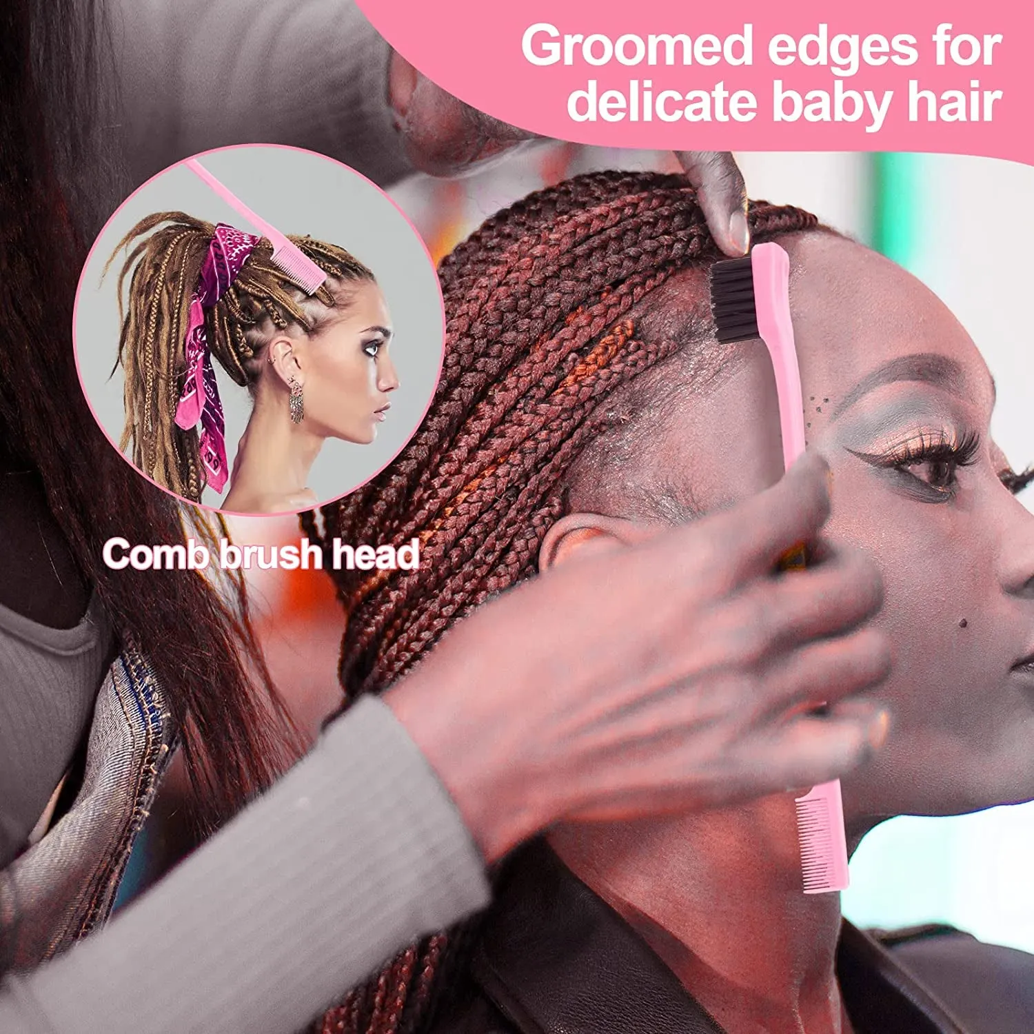 3 Pcs Slick Back Hair Brush with Rat Tail Comb, Edge Brush, Bristle Brush, Teasing Brush Set for Sleek Ponytail/Bun, Edge Control and Smoothing Baby Hair & Flyaways - Pink