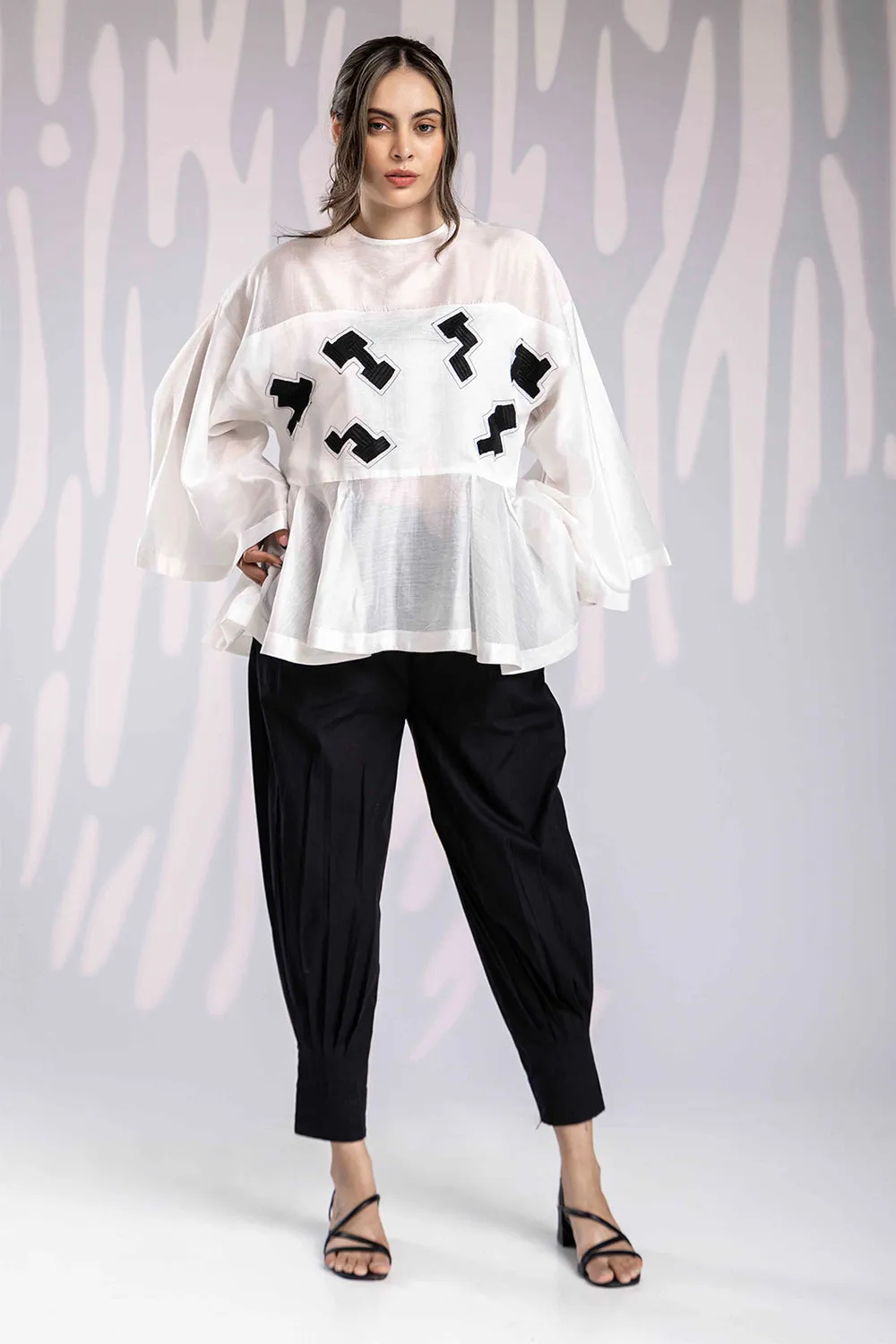 Aplic Work Round Neck Top Set - White & Black