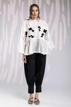 Aplic Work Round Neck Top Set - White & Black