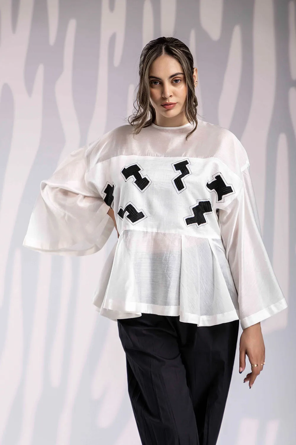 Aplic Work Round Neck Top Set - White & Black