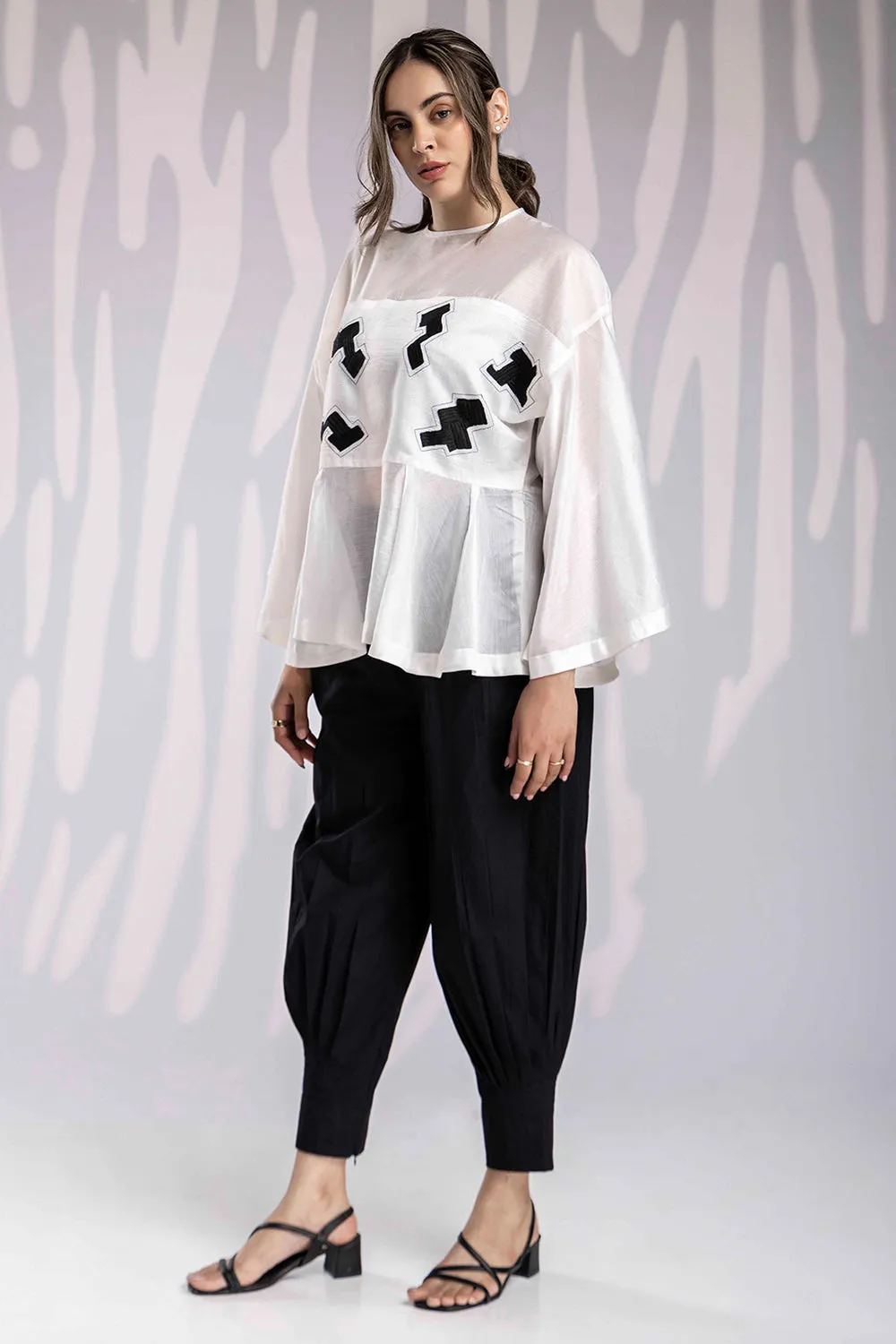 Aplic Work Round Neck Top Set - White & Black