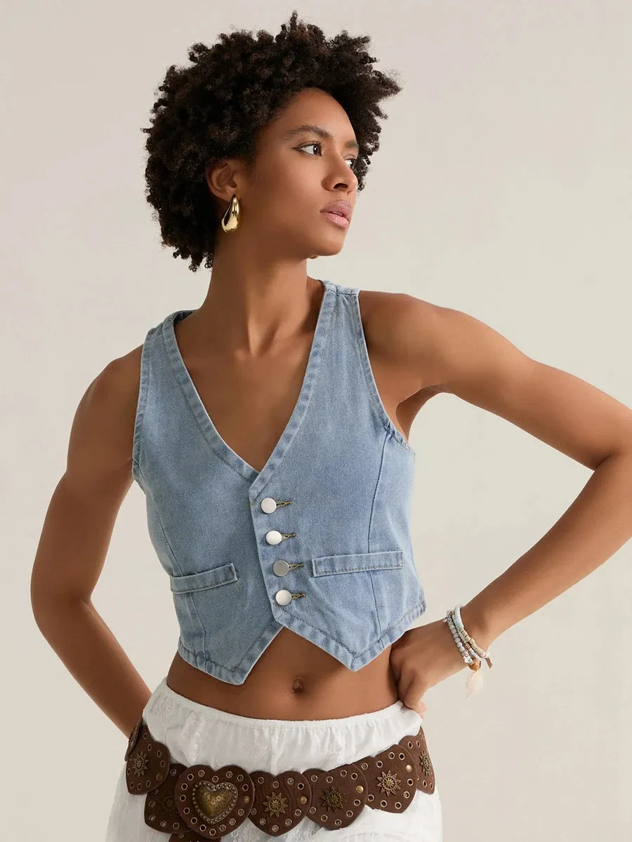 BC Cropped Jeans Waistcoats Sleeveless V Neck Button-down Denim Vests