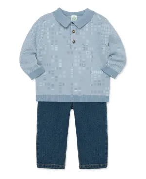 Birds Eye Blue Knit LS Polo w/Jeans Set-Toddler
