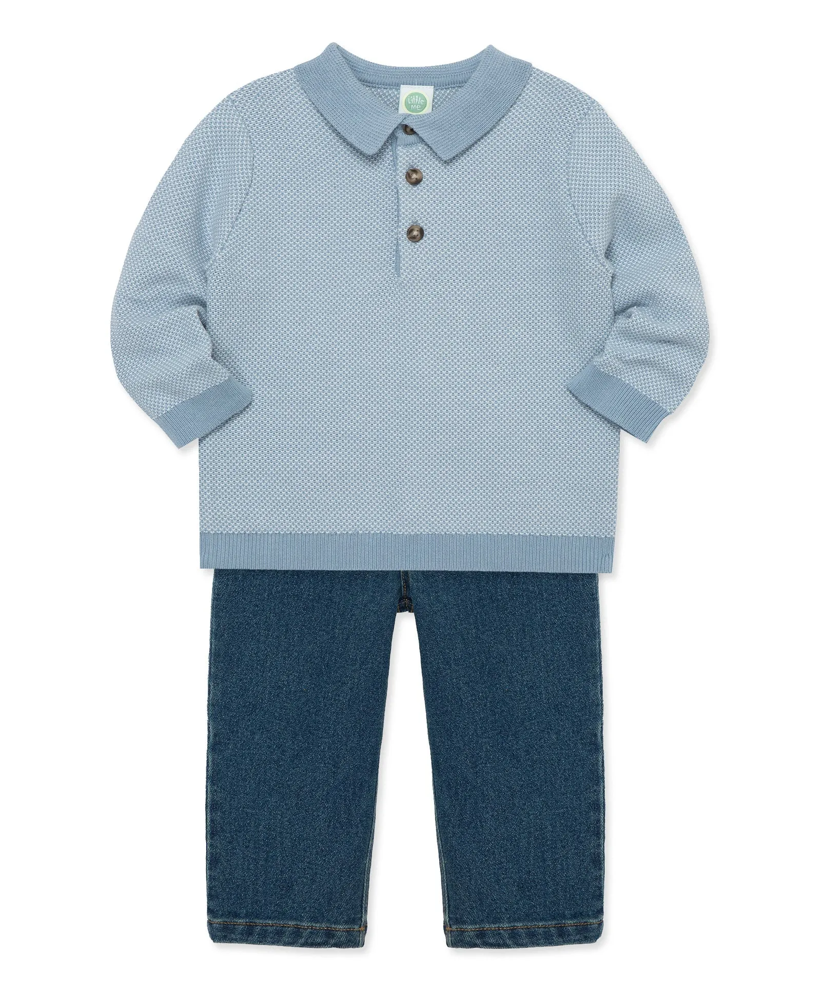 Birds Eye Blue Knit LS Polo w/Jeans Set-Toddler