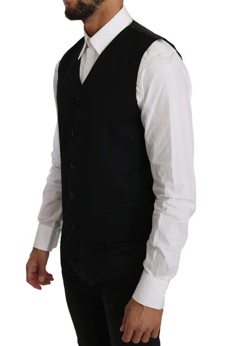 Black Solid 100% Wool Waistcoat Vest
