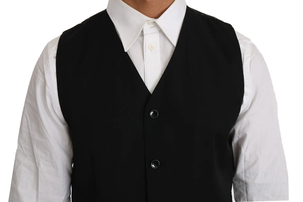 Black Solid 100% Wool Waistcoat Vest
