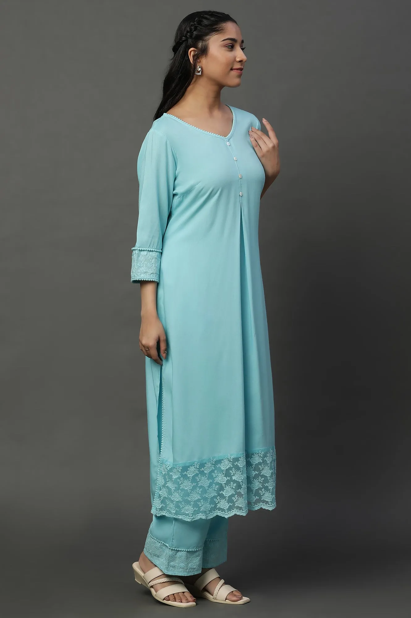 Blue Embroidered Causal Kurta and Palazzo Co-ord Set