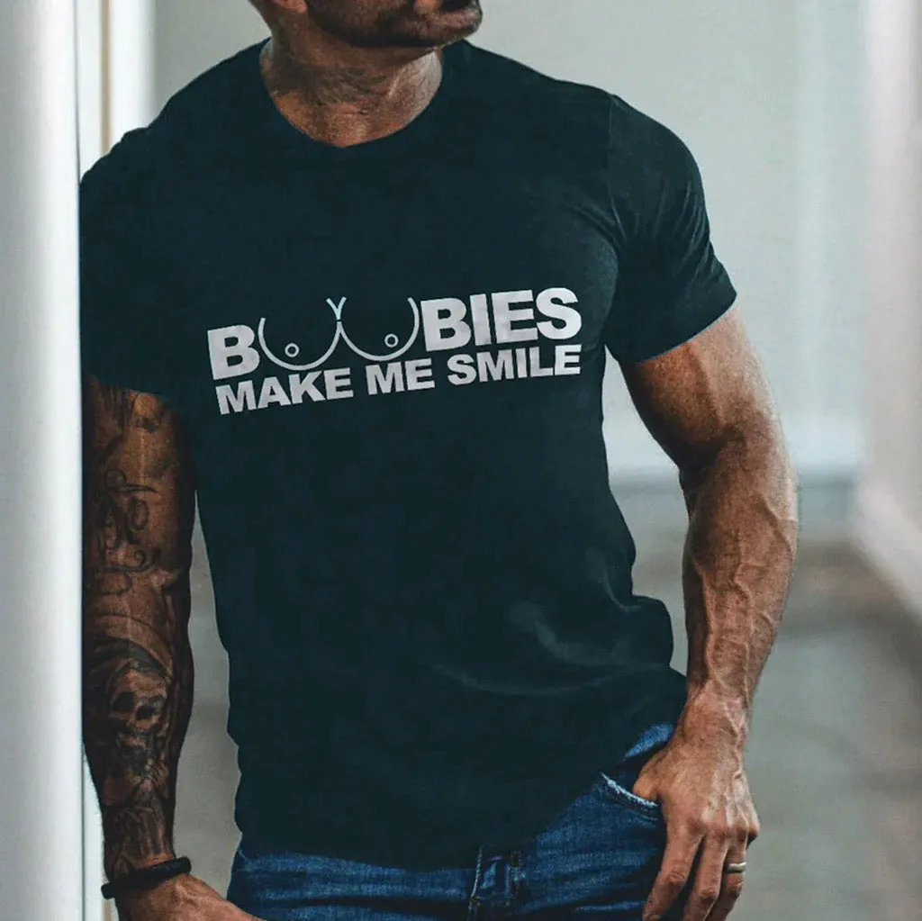BOOBIES MAKE ME SMILE Graphic Black Print T-shirt