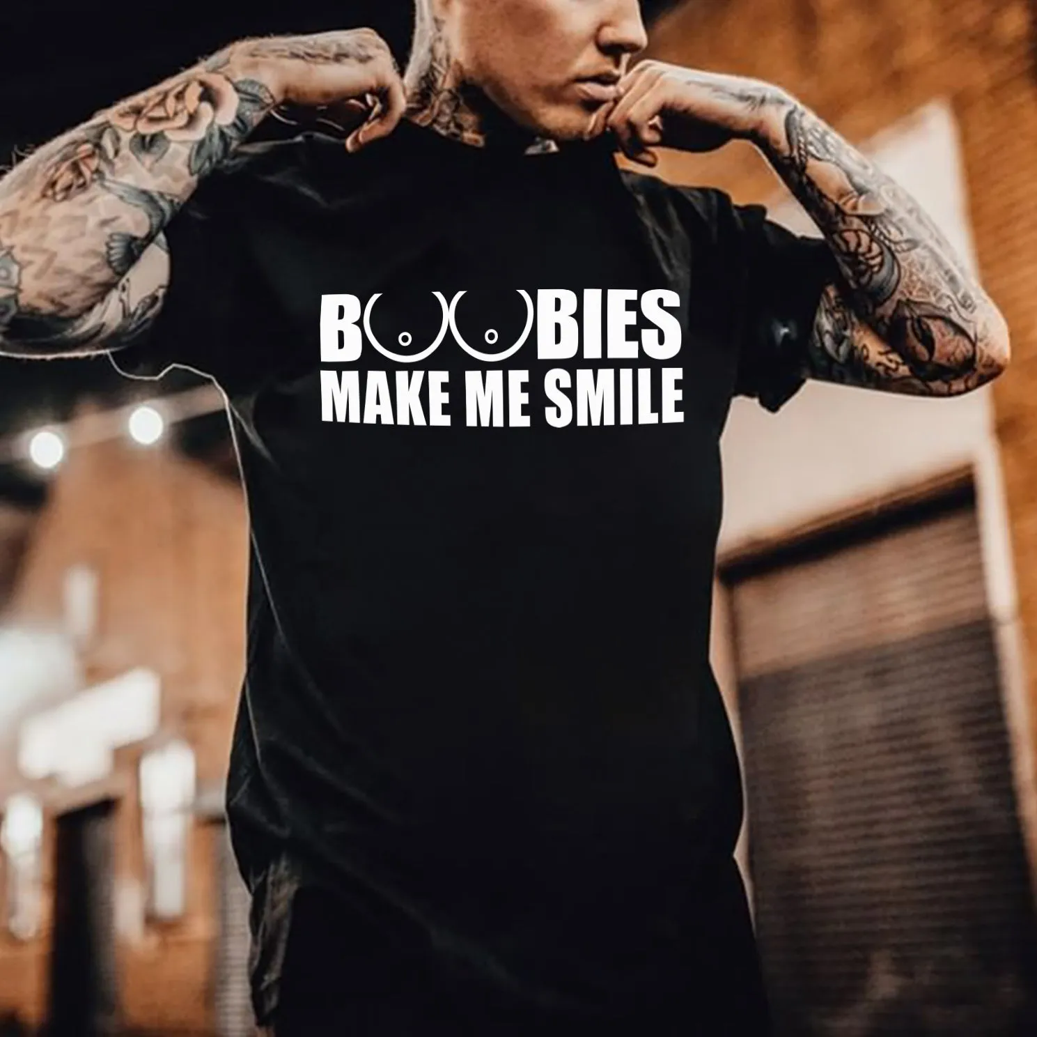 BOOBIES MAKE ME SMILE Graphic Black Print T-shirt