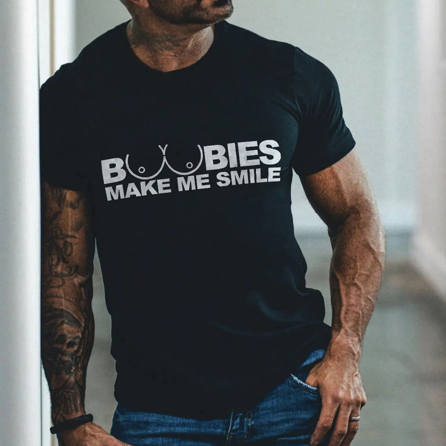 BOOBIES MAKE ME SMILE Graphic Black Print T-shirt