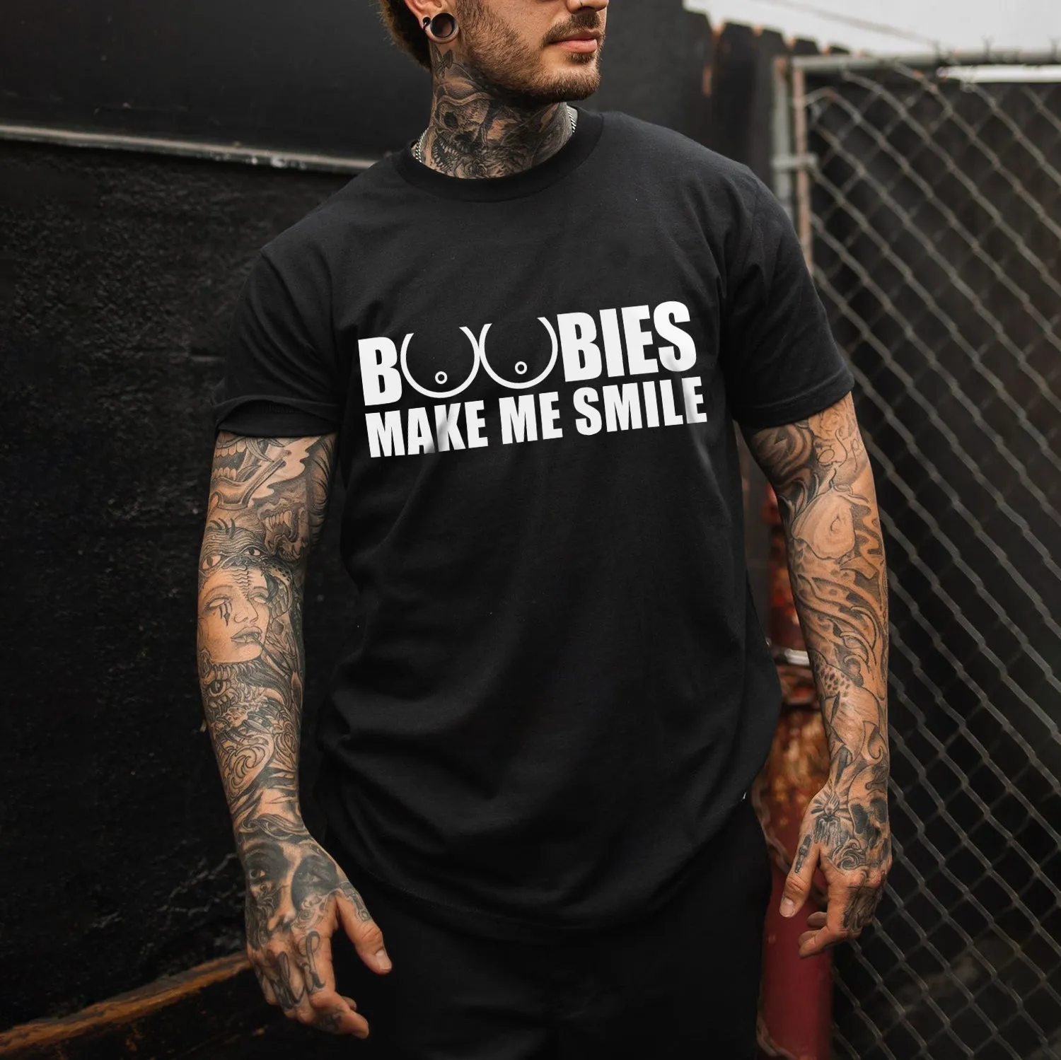 BOOBIES MAKE ME SMILE Graphic Black Print T-shirt
