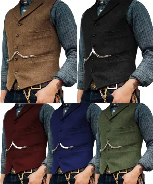 Business Mens Suit Vest Lapel V Neck Wool Herringbone Casual Brown Waistcoat Casual Formal Groomsman Jacket For Wedding