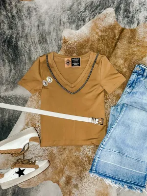 Caramel Thick Banded Short Sleeve Vneck Top