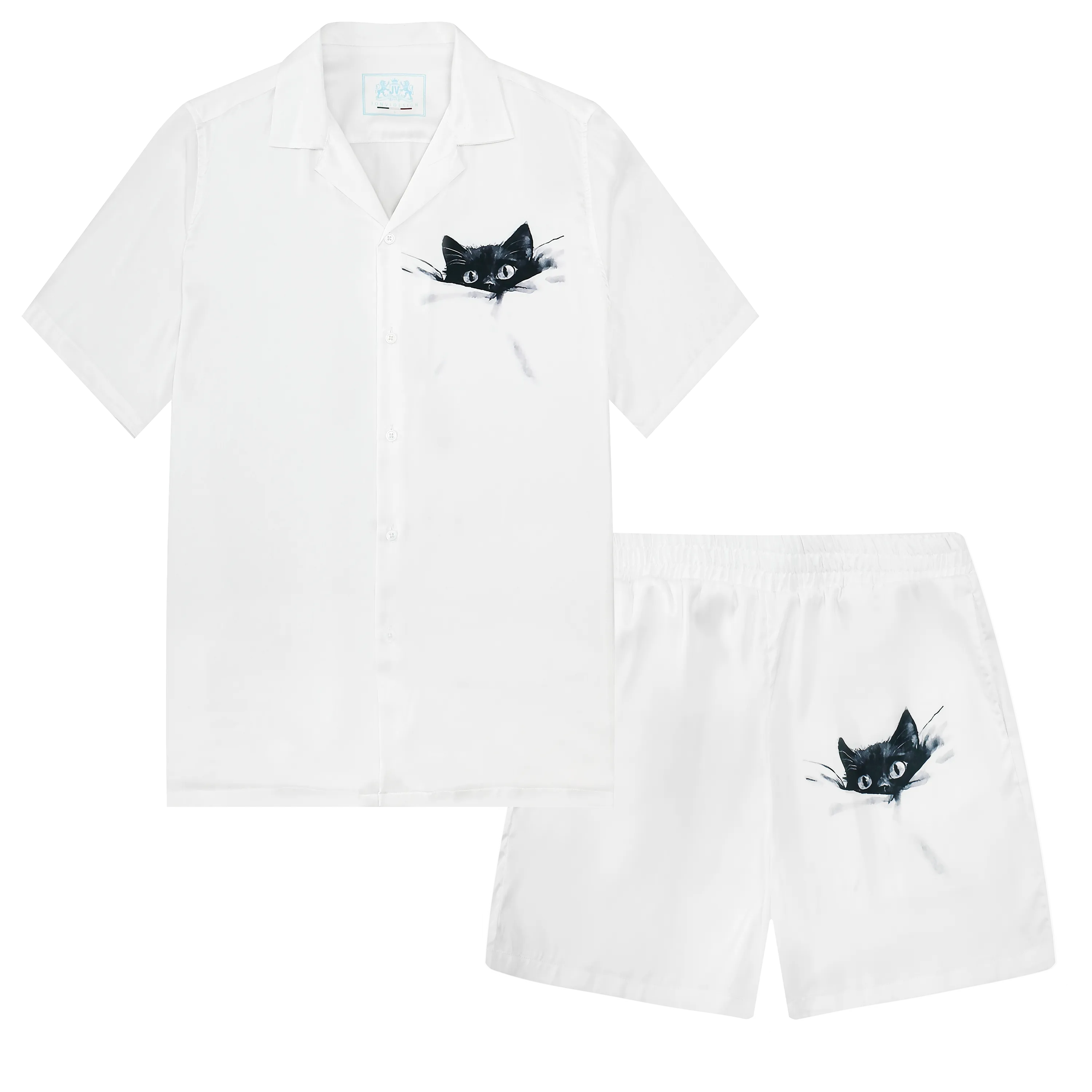 Cat Print Elastic Waistband Summer Casual Shorts  Simple White Style
