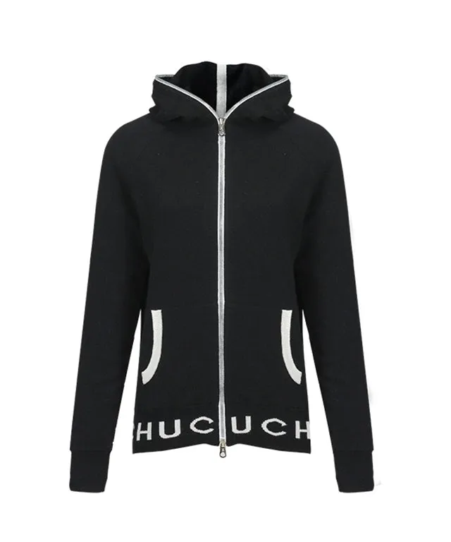 CHUCUCHU Knit Hooded Zip-Up Cardigan - Black