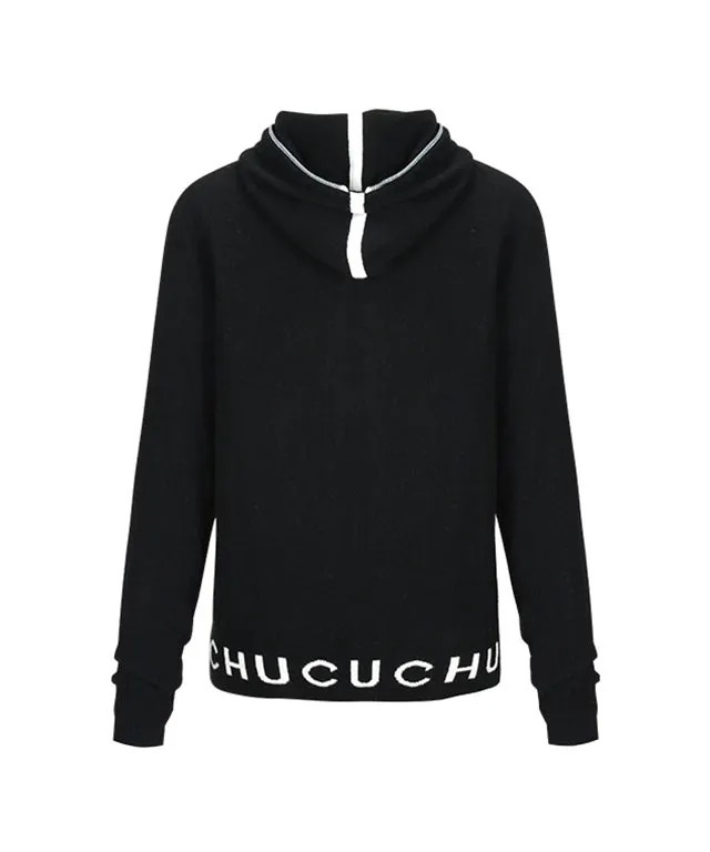 CHUCUCHU Knit Hooded Zip-Up Cardigan - Black