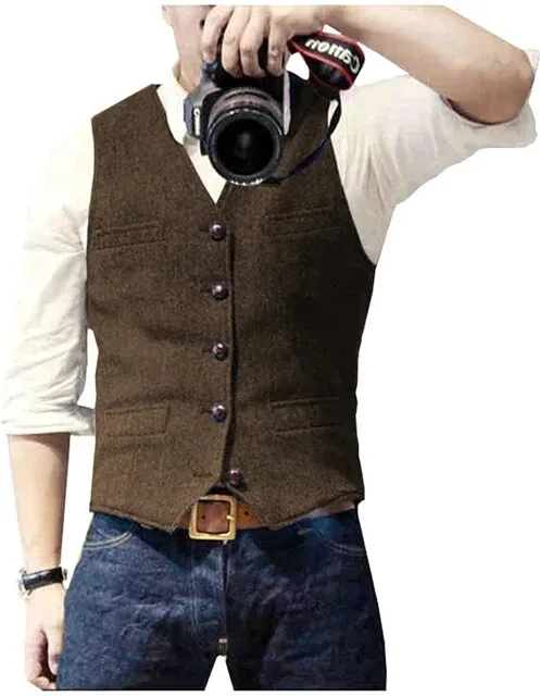 Classic Suit Wool Vest V Neck Slim Fit Business Waistcoat For Wedding