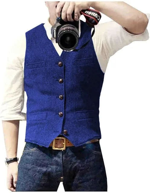 Classic Suit Wool Vest V Neck Slim Fit Business Waistcoat For Wedding