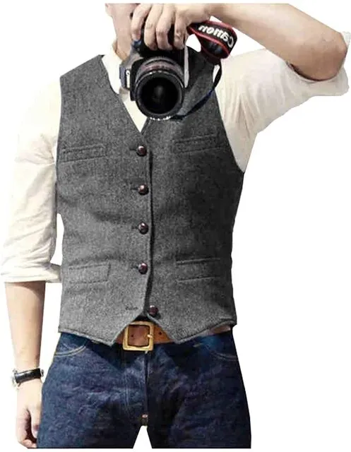 Classic Suit Wool Vest V Neck Slim Fit Business Waistcoat For Wedding