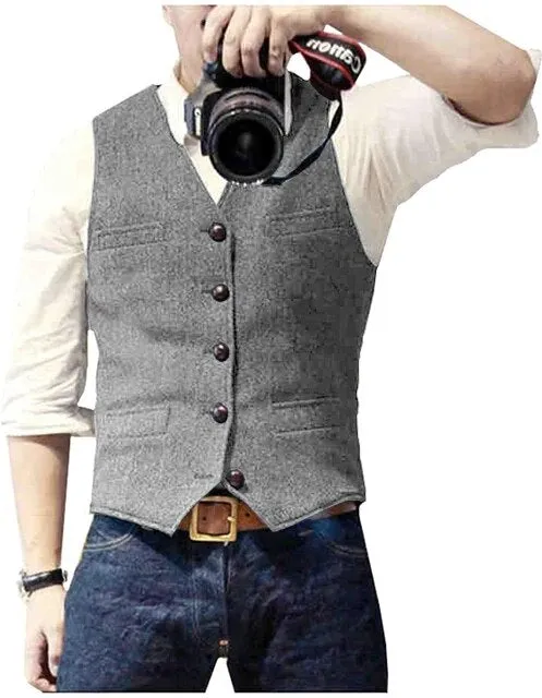 Classic Suit Wool Vest V Neck Slim Fit Business Waistcoat For Wedding