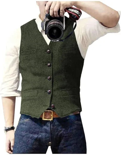 Classic Suit Wool Vest V Neck Slim Fit Business Waistcoat For Wedding