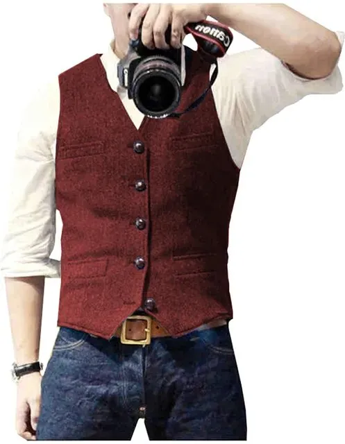 Classic Suit Wool Vest V Neck Slim Fit Business Waistcoat For Wedding