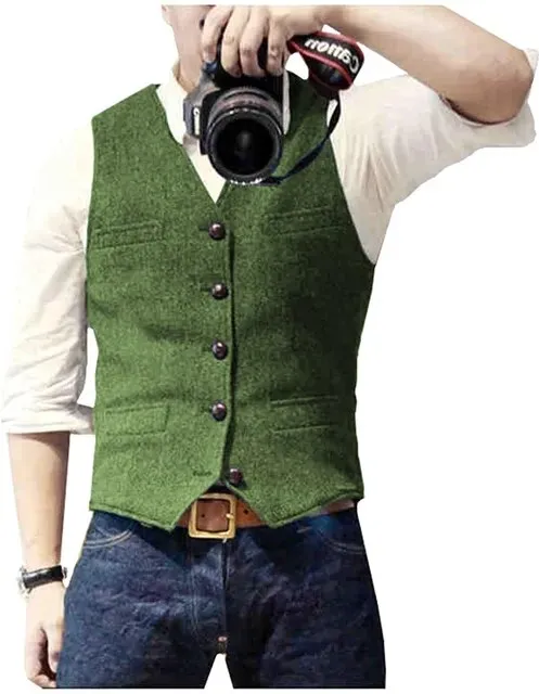 Classic Suit Wool Vest V Neck Slim Fit Business Waistcoat For Wedding