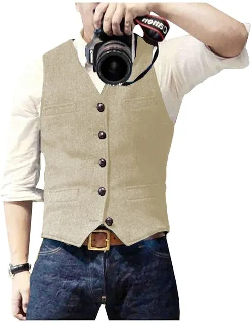 Classic Suit Wool Vest V Neck Slim Fit Business Waistcoat For Wedding