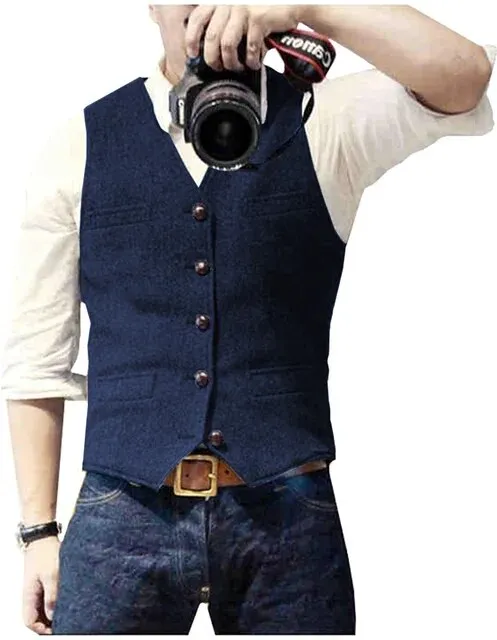Classic Suit Wool Vest V Neck Slim Fit Business Waistcoat For Wedding
