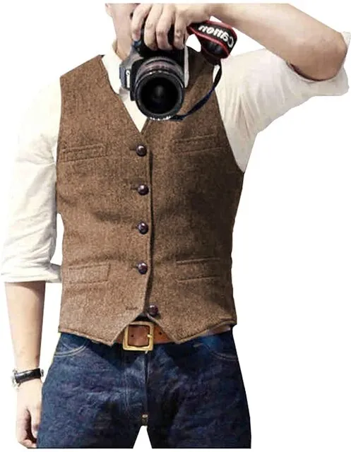 Classic Suit Wool Vest V Neck Slim Fit Business Waistcoat For Wedding