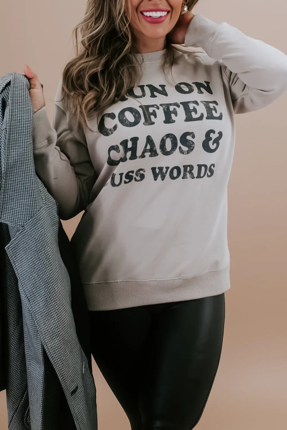 Coffee, Chaos, Cuss Words Crewneck, Light Mocha