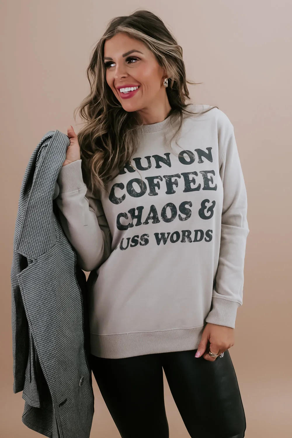 Coffee, Chaos, Cuss Words Crewneck, Light Mocha
