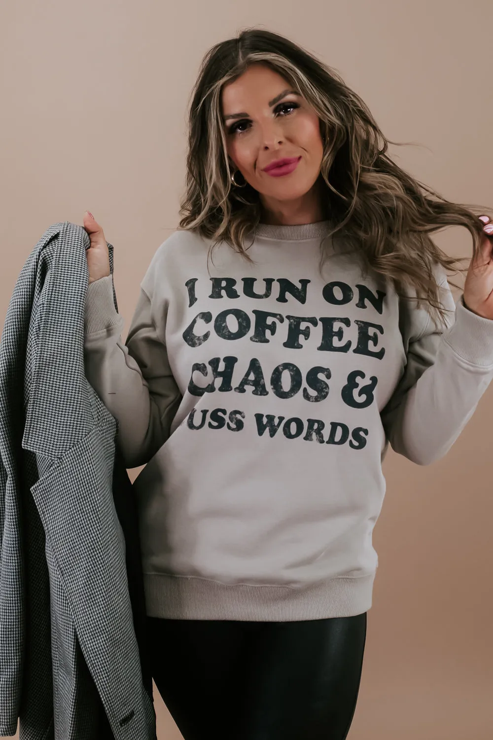 Coffee, Chaos, Cuss Words Crewneck, Light Mocha