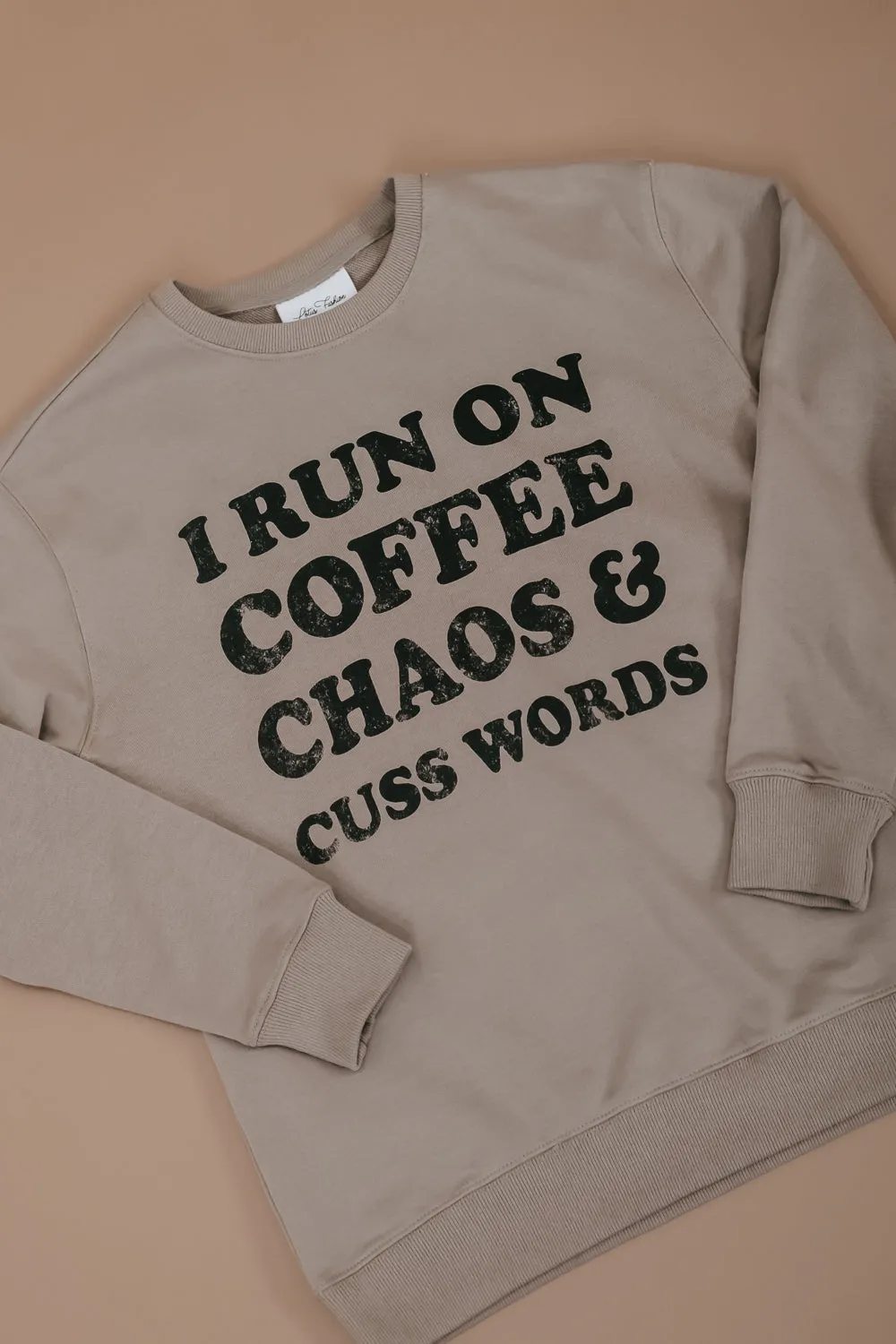 Coffee, Chaos, Cuss Words Crewneck, Light Mocha