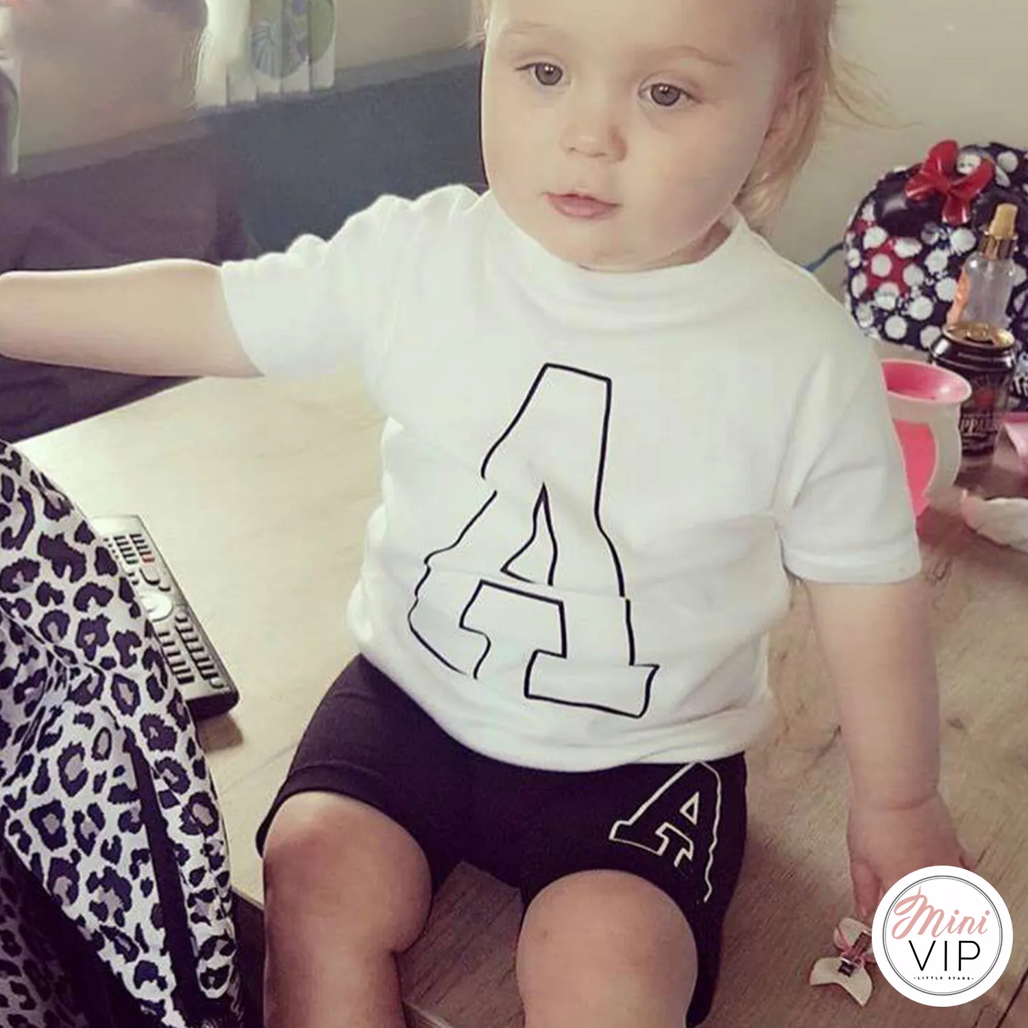 Collegiate Initial - Black Cycling Shorts & White T-Shirt Girls Set