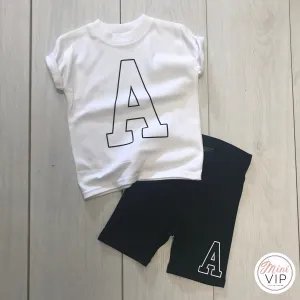 Collegiate Initial - Black Cycling Shorts & White T-Shirt Girls Set