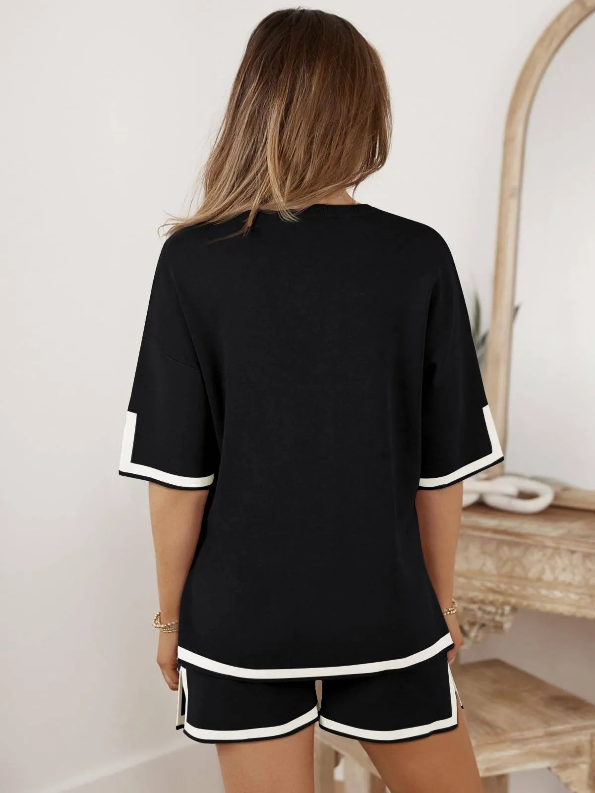 Contrast Trim Ribbed Knit Shorts Lounge Set