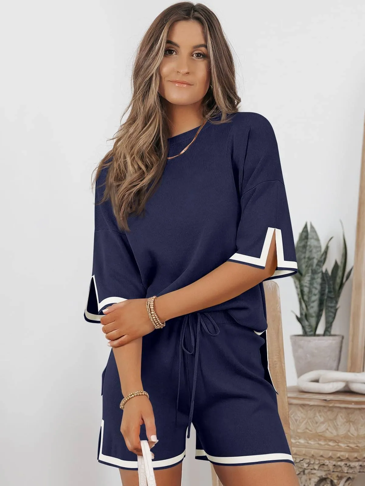 Contrast Trim Ribbed Knit Shorts Lounge Set