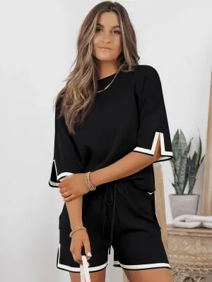 Contrast Trim Ribbed Knit Shorts Lounge Set