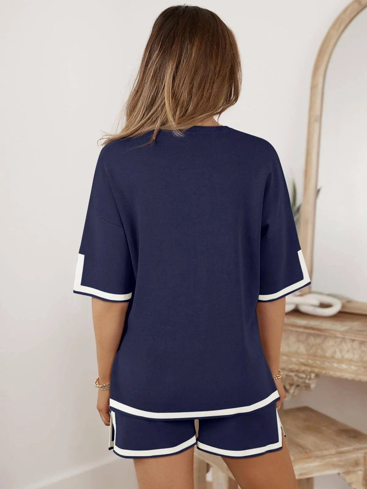 Contrast Trim Ribbed Knit Shorts Lounge Set