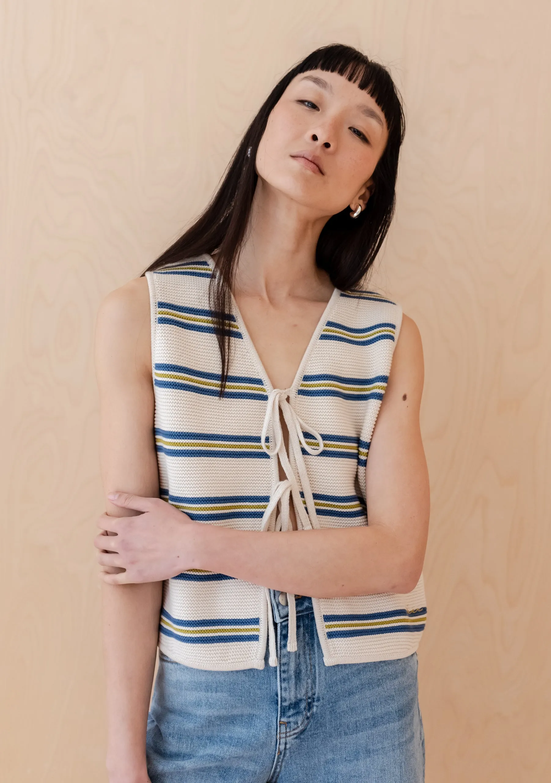 Cotton Knitted Vest in Blue Stripe