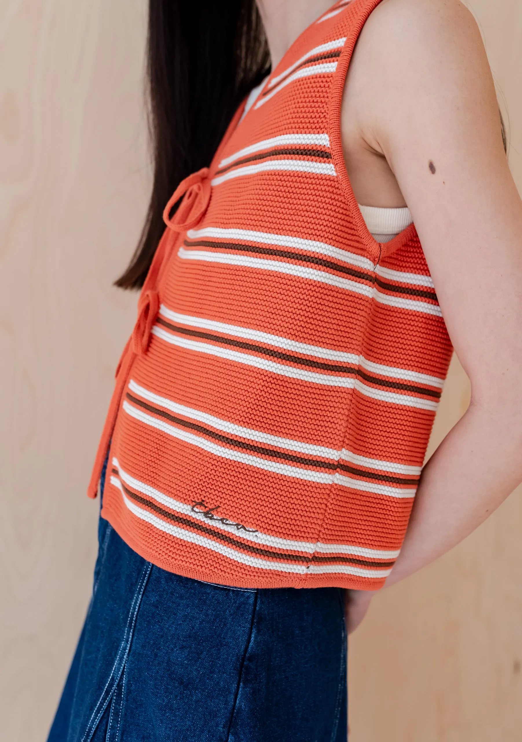 Cotton Knitted Vest in Tangerine Stripe